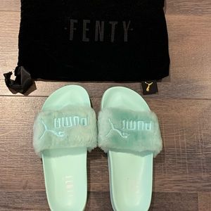 PUMA Fenty by Rihanna line mint green slippers with slipper bag.